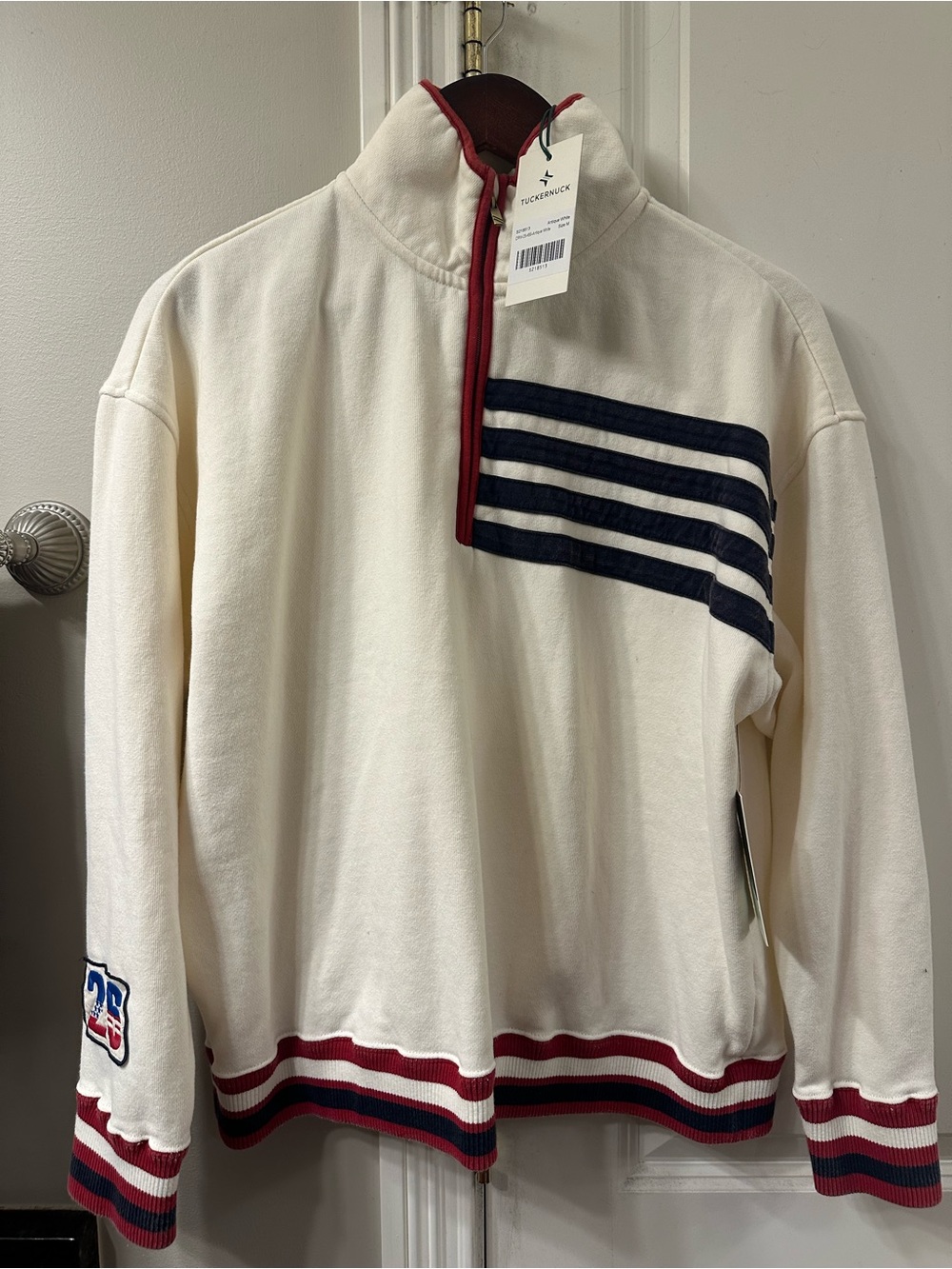 Tuckernuck Cream Pullover with Navy Stripes and Red Trim